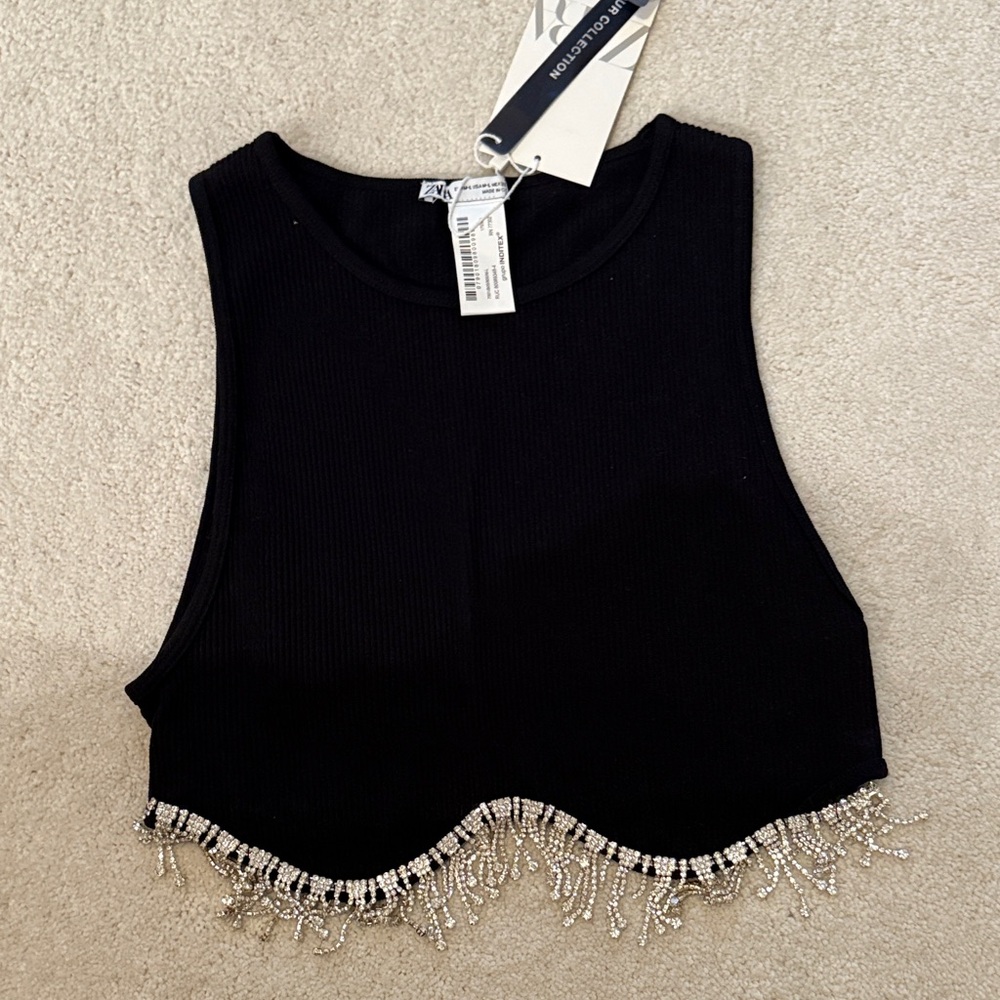 Zara Black Tank Top with Beaded Fringe